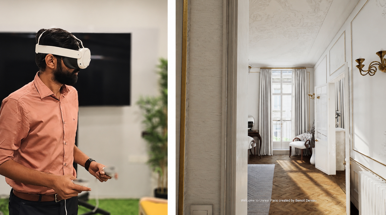 Customer exploring a virtual property through a VR headset